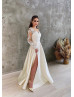 Long Sleeves Beaded Ivory Lace Satin High Slit Wedding Dress